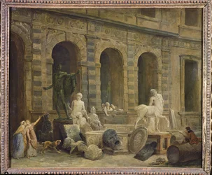 Ein Mann zeichnet Antiquitäten vor der Petite Galerie des Louvre, 1781